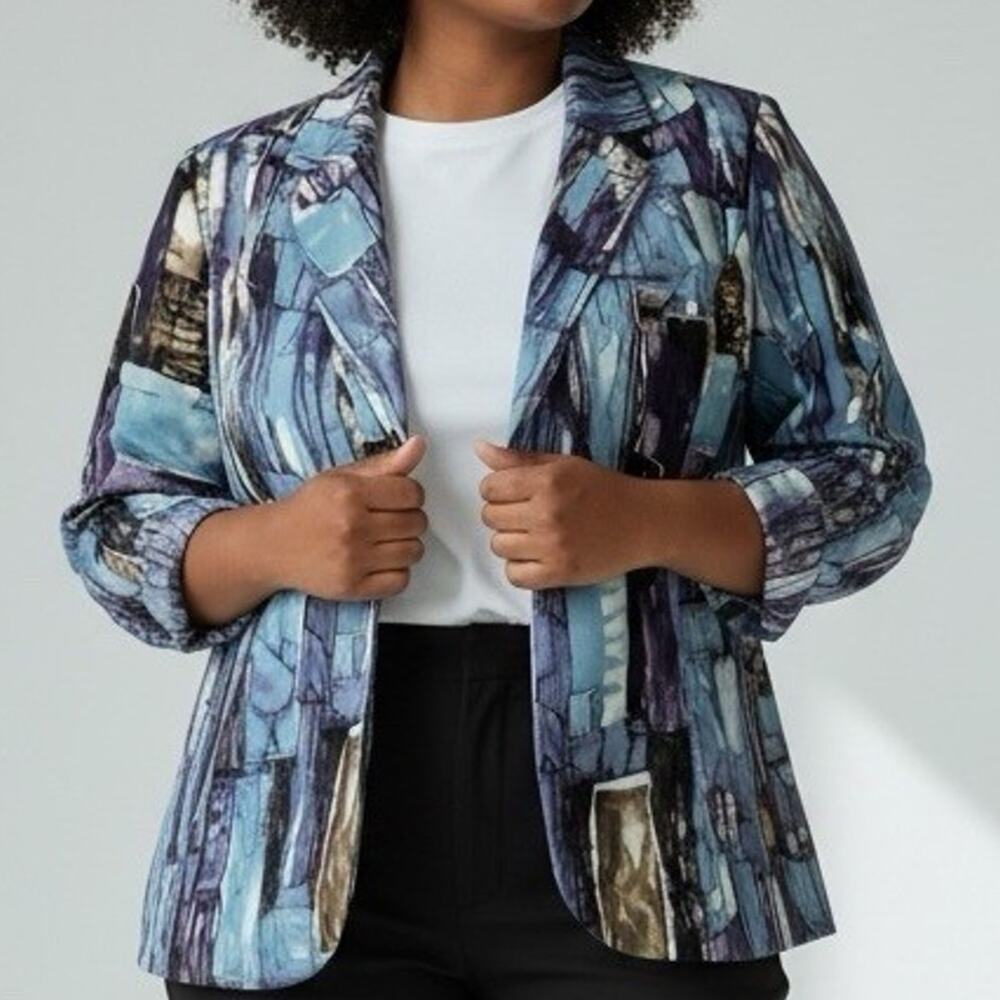 Alberto Makali Cardigan Jacket Size Large Colorful Watercolor Pattern Open Front